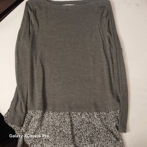 Gray Long Sleeve Top with Black and White Patterned Hem